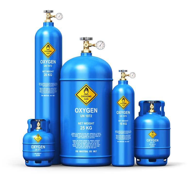 Set of different liquefied oxygen industrial gas containers